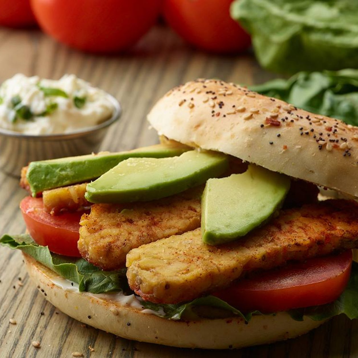 Tlt Bagel Sandwich Tempeh Lettuce Tomato With Avocado And Basil Mayo Savory 5057