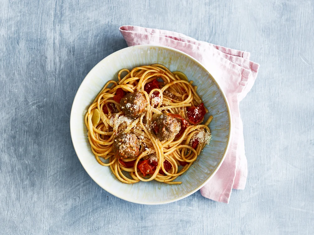 Linguine With Meatballs And Roasted Tomatoes Savory