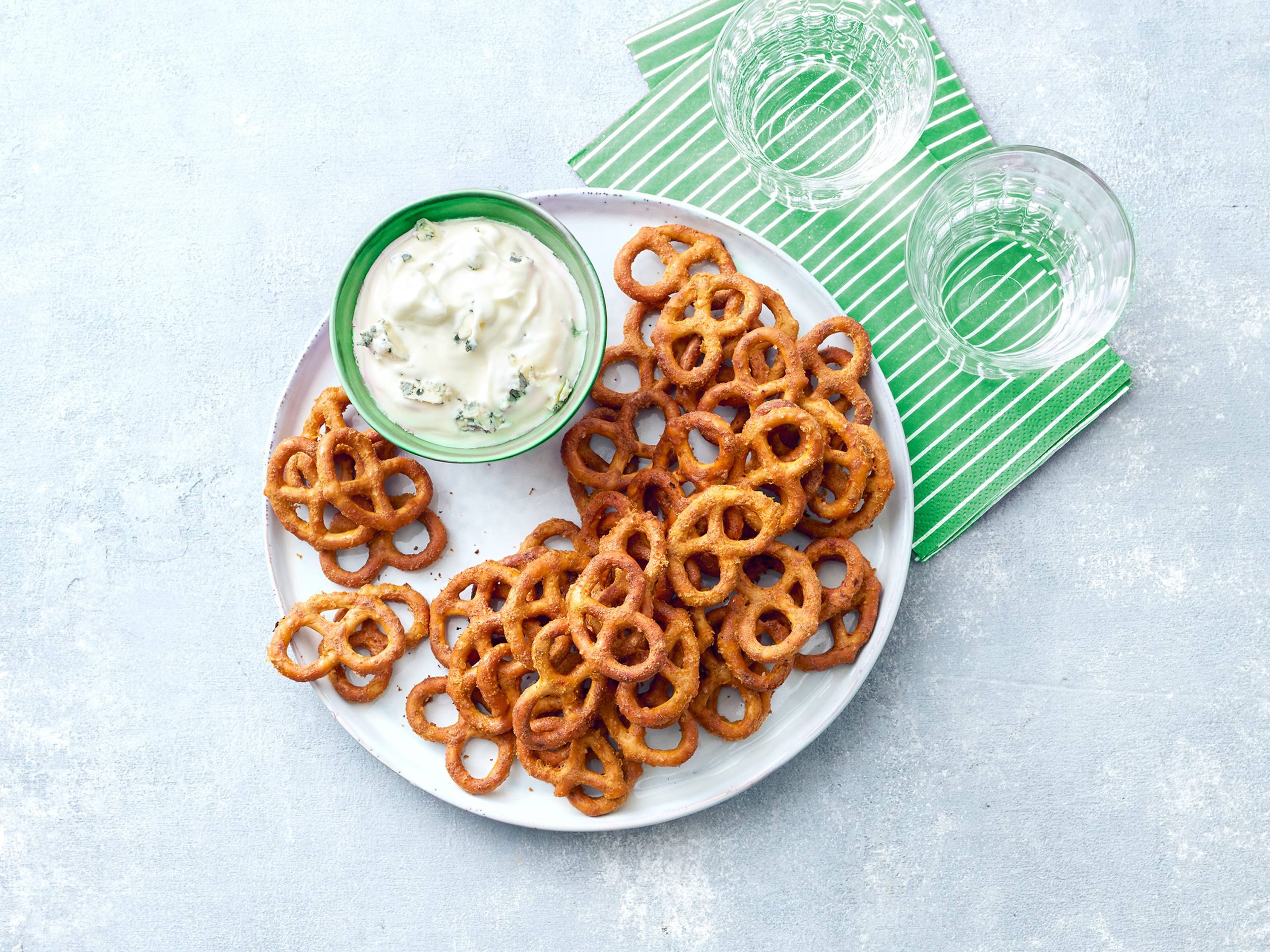 Air-Fried Buffalo Pretzels with Blue Cheese Dip