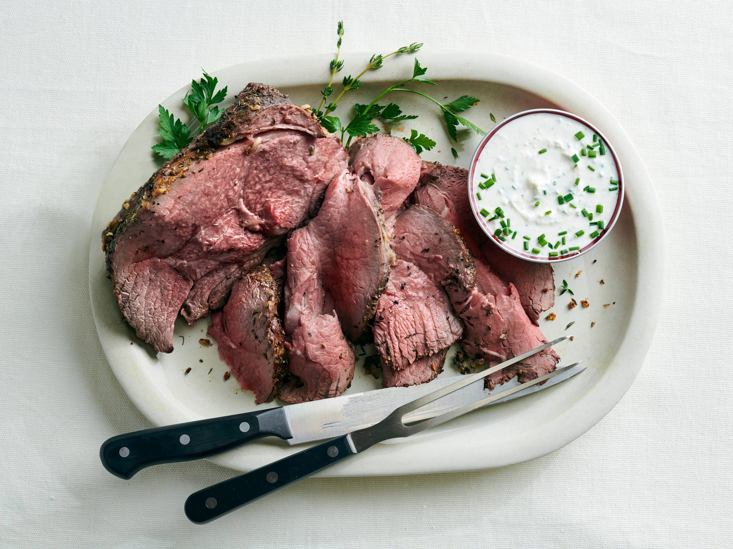 Slow-Roasted Top Sirloin With Creamy Horseradish-Herb Sauce | Savory