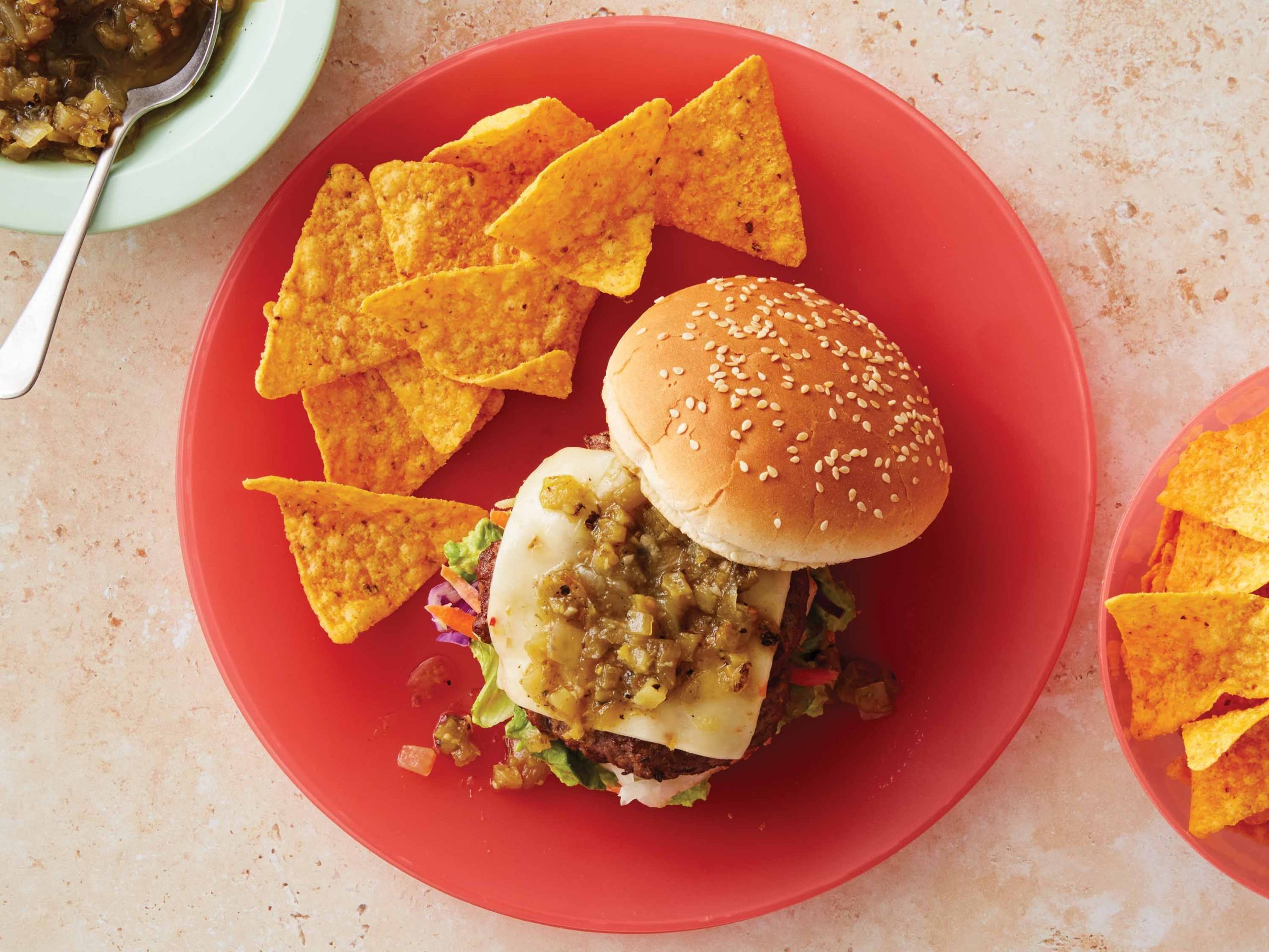 Salsa Verde Beef Burgers with Tortilla Chips | Savory